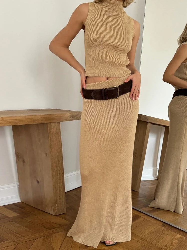 Knit Two Piece Set – Sleeveless Top & Maxi Skirt Outfit