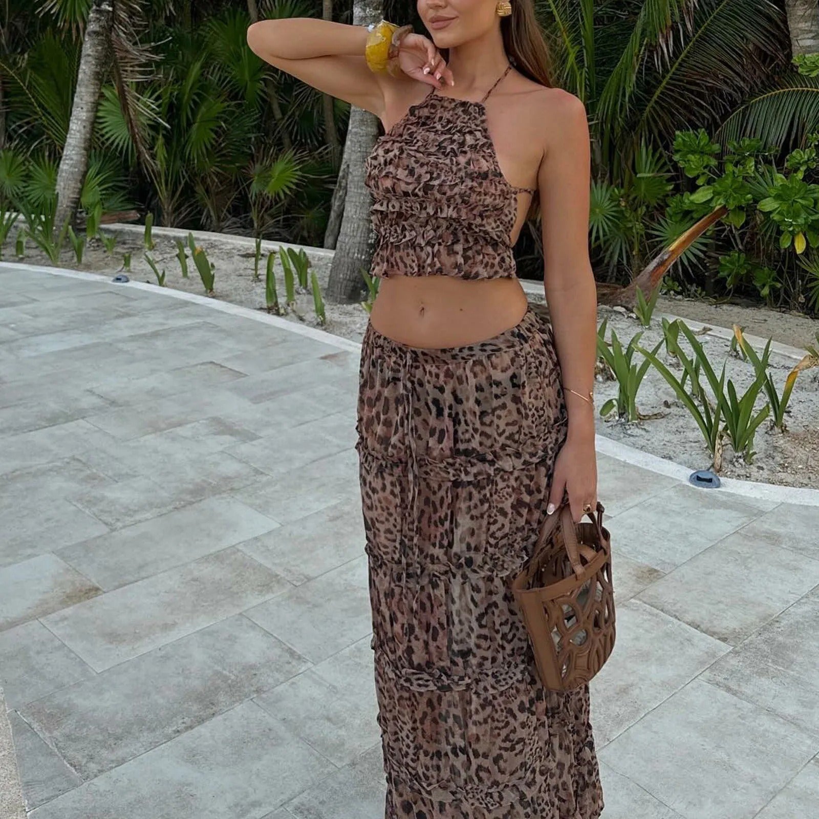 Leopard Print Two Piece Set – Halter Crop Top and Maxi Skirt Outfit