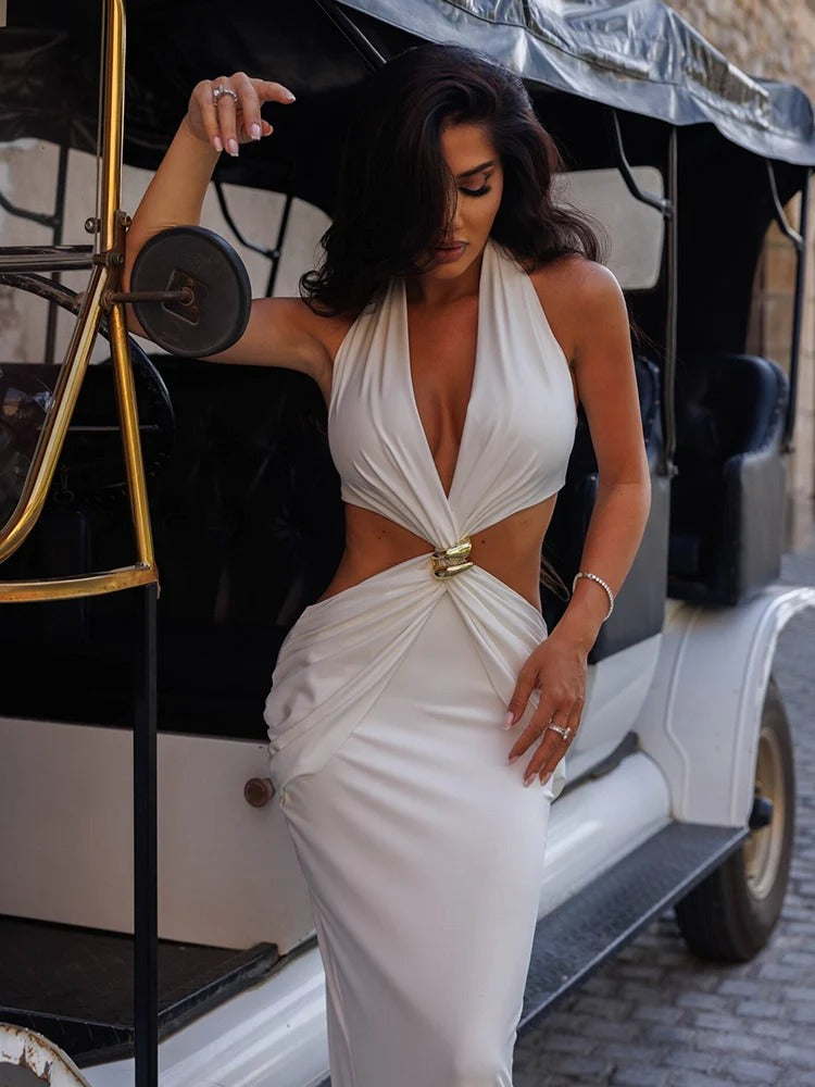 Deep V Halter Maxi Dress – Elegant Cut Out Evening Gown