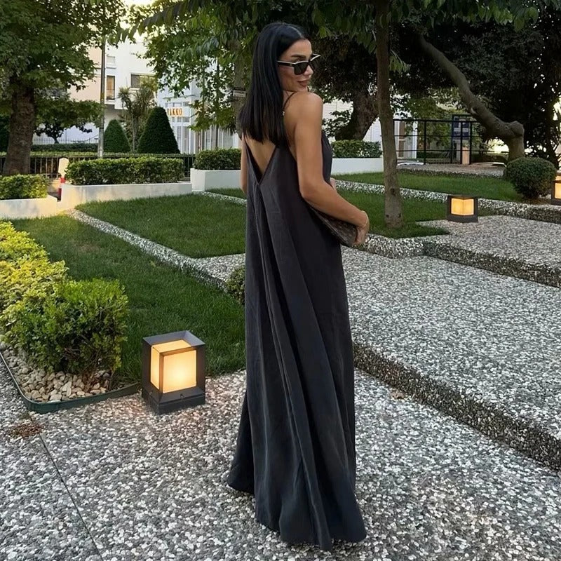 Black Spaghetti Strap Maxi Dress – Elegant Backless Evening Party Gown