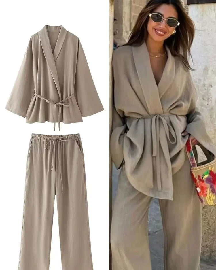 Khaki Two Piece Set – Loose Belted Blazer and Wide Leg Trousers