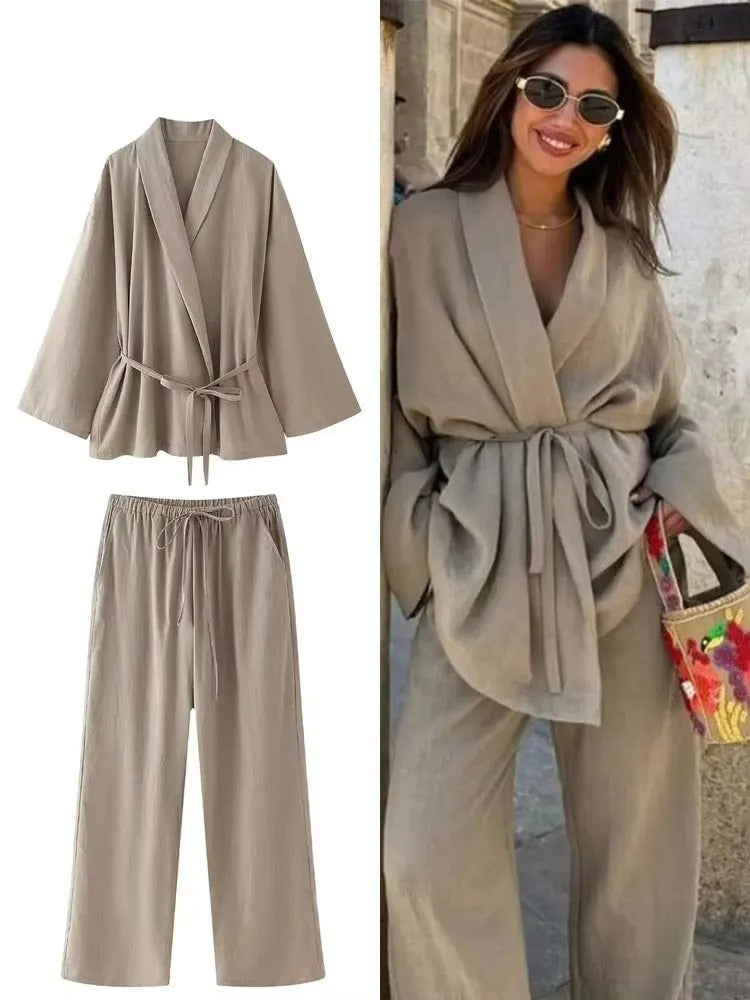 Khaki Two Piece Set – Loose Belted Blazer and Wide Leg Trousers