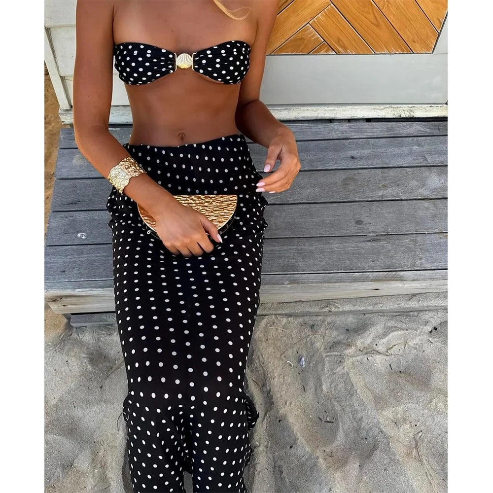 Polka Dot Bikini Set – 3 Piece Bandeau Swimwear with Long Skirt