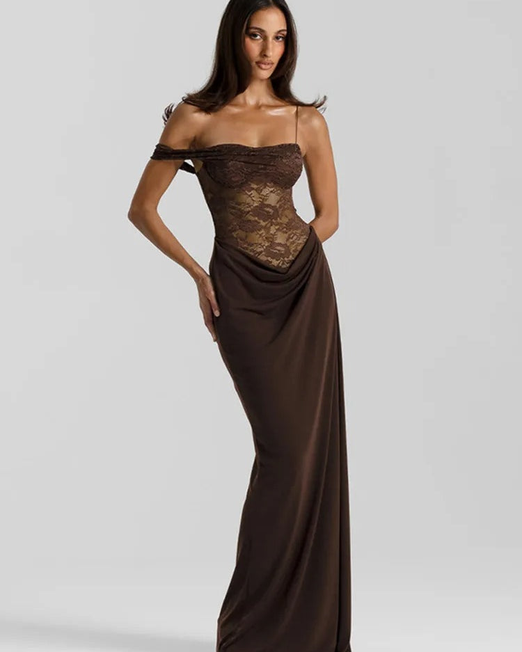 Lace See Through Maxi Dress – Off Shoulder Sleeveless Evening Gown