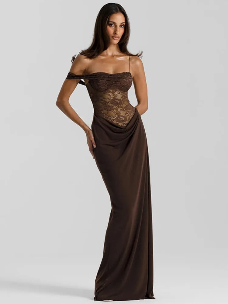 Lace See Through Maxi Dress – Off Shoulder Sleeveless Evening Gown