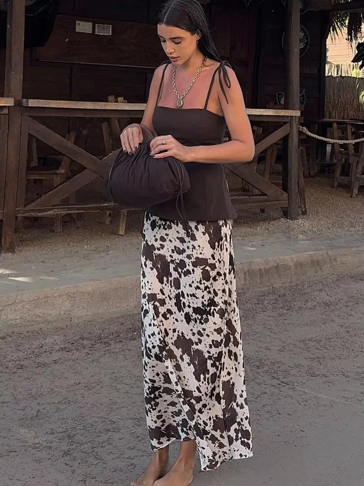 Cow Print Satin Set – Top & High Waist Skirt