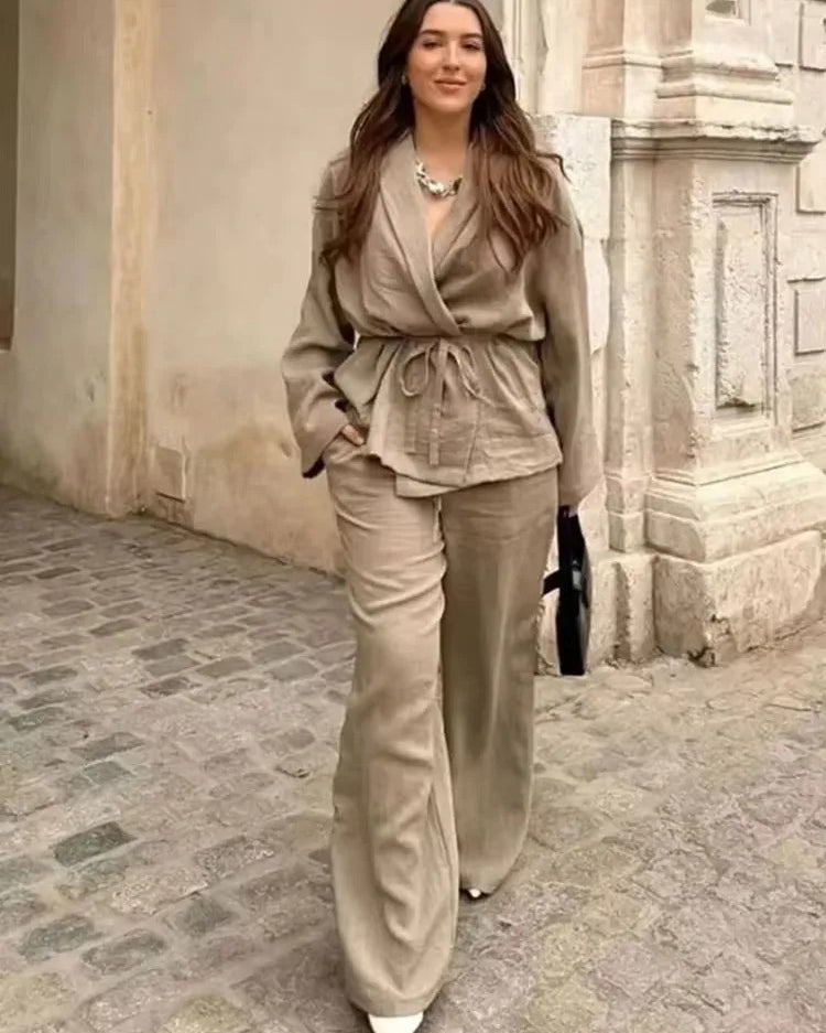 Khaki Two Piece Set – Loose Belted Blazer and Wide Leg Trousers