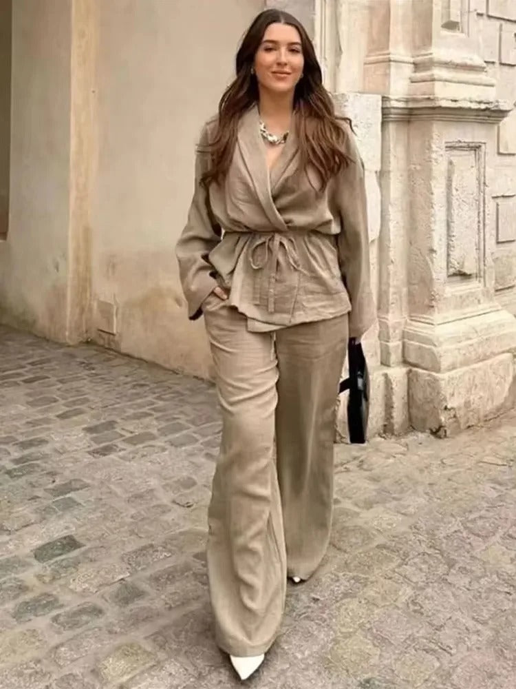 Khaki Two Piece Set – Loose Belted Blazer and Wide Leg Trousers