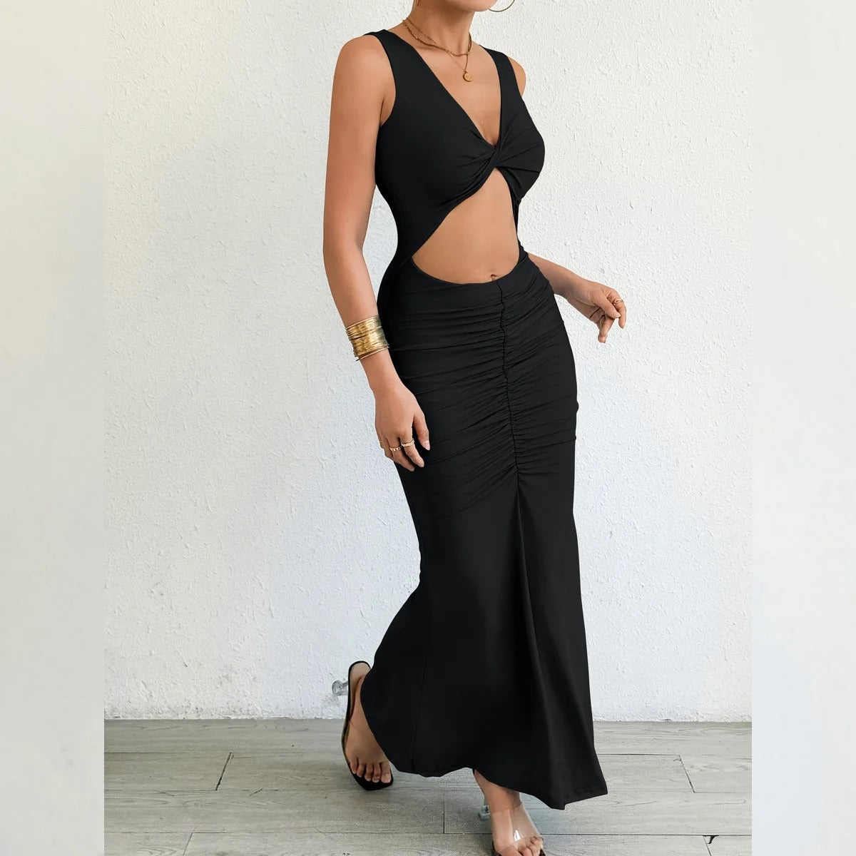 Cut Out Maxi Dress – Sleeveless Ruched Bodycon Evening Party Gown