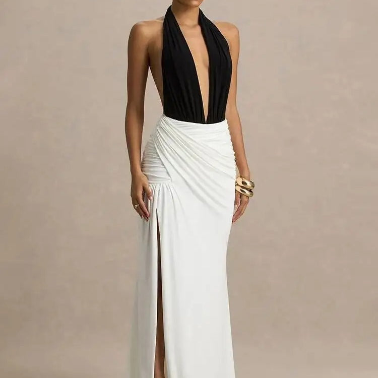 Elegant Halter Neck Maxi Dress – Backless High Split Evening Gown
