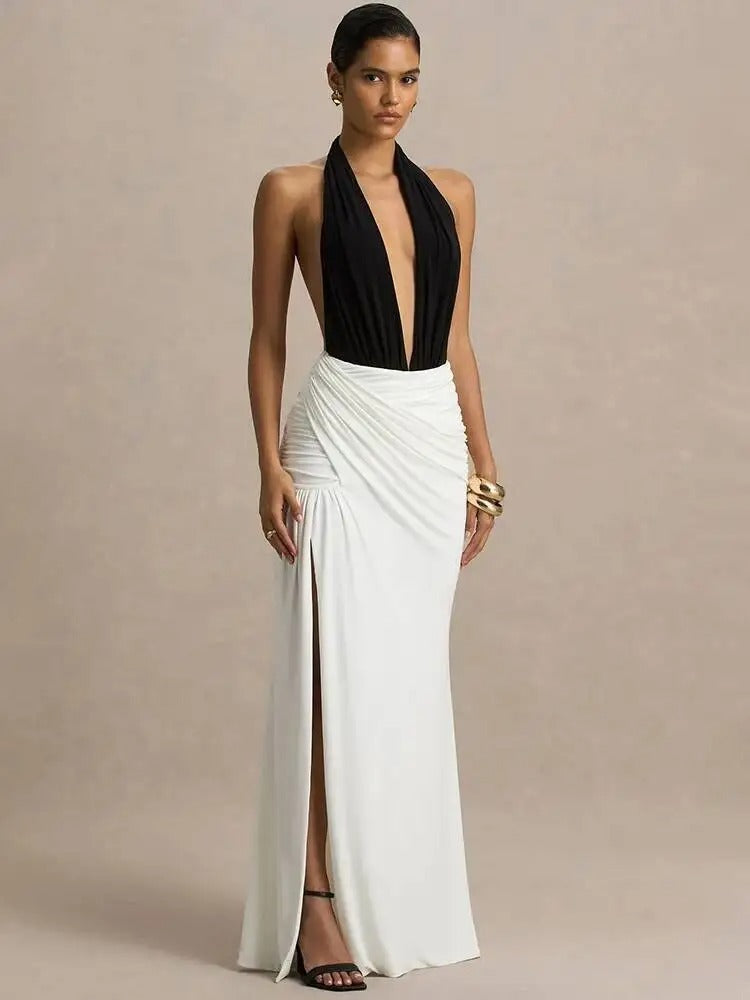 Elegant Halter Neck Maxi Dress – Backless High Split Evening Gown