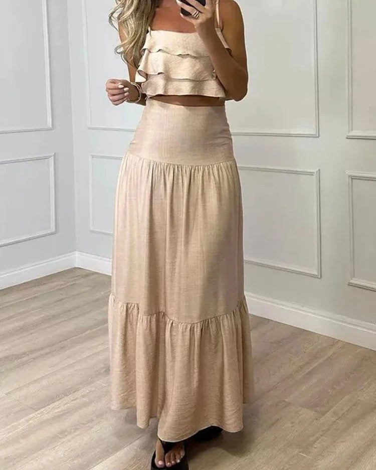 Beige Linen Two Piece Set – Ruffled Crop Top and Tiered Maxi Skirt