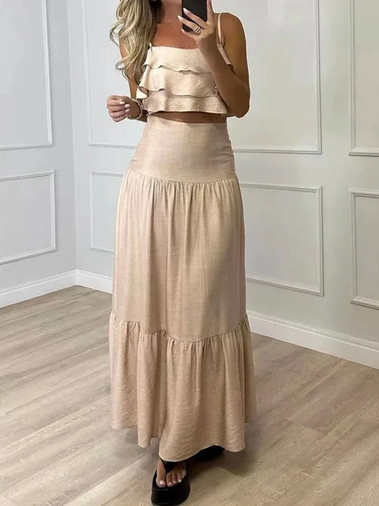 Beige Linen Two Piece Set – Ruffled Crop Top and Tiered Maxi Skirt