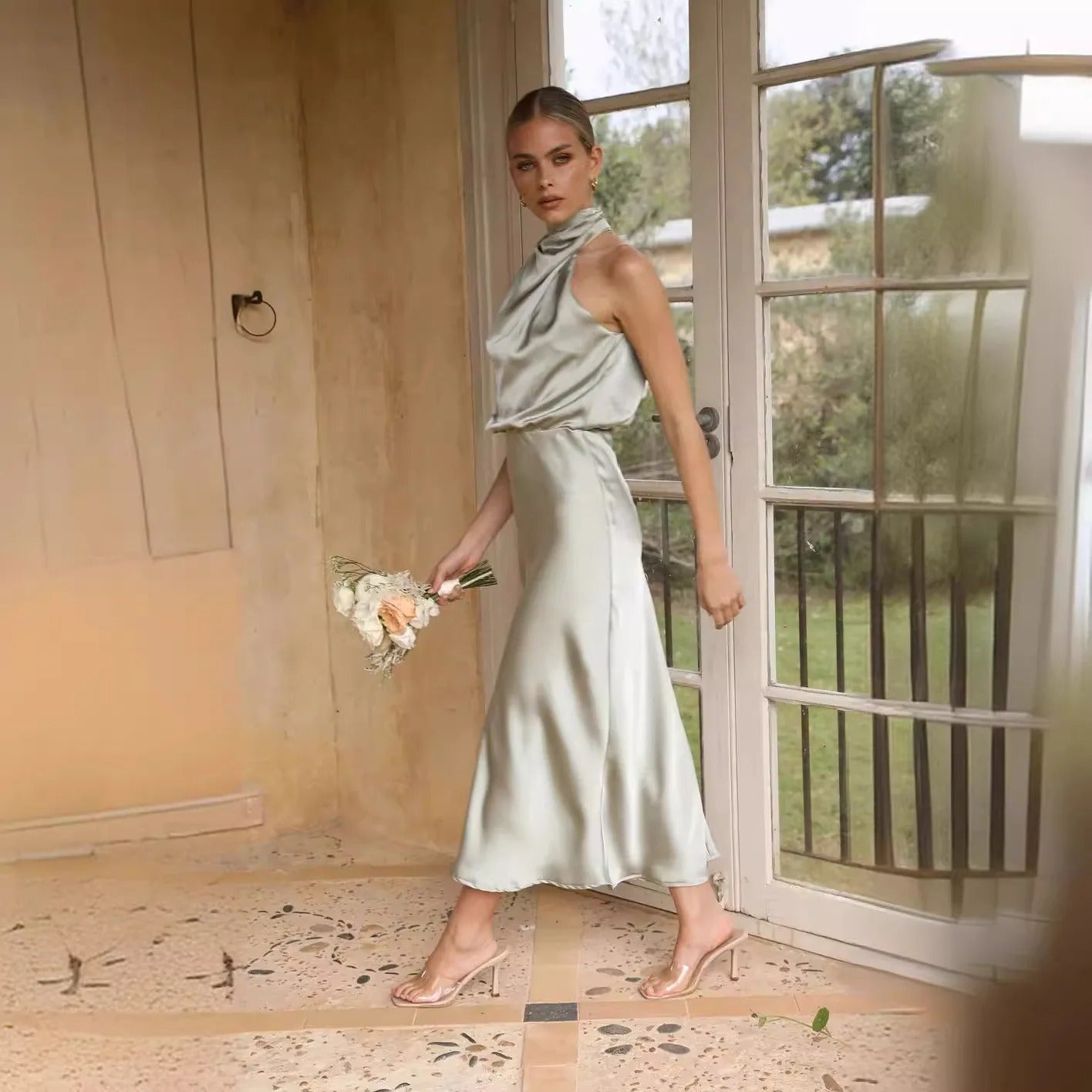 Satin Midi Dress – Elegant High Neck Sleeveless Evening Gown