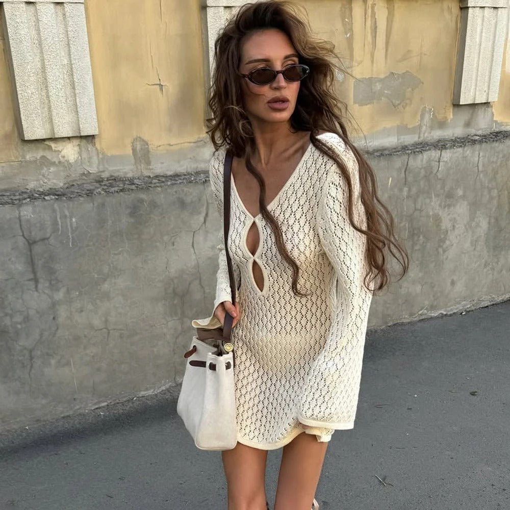 Crochet Knit Mini Dress – Long Sleeve Beach Cover Up