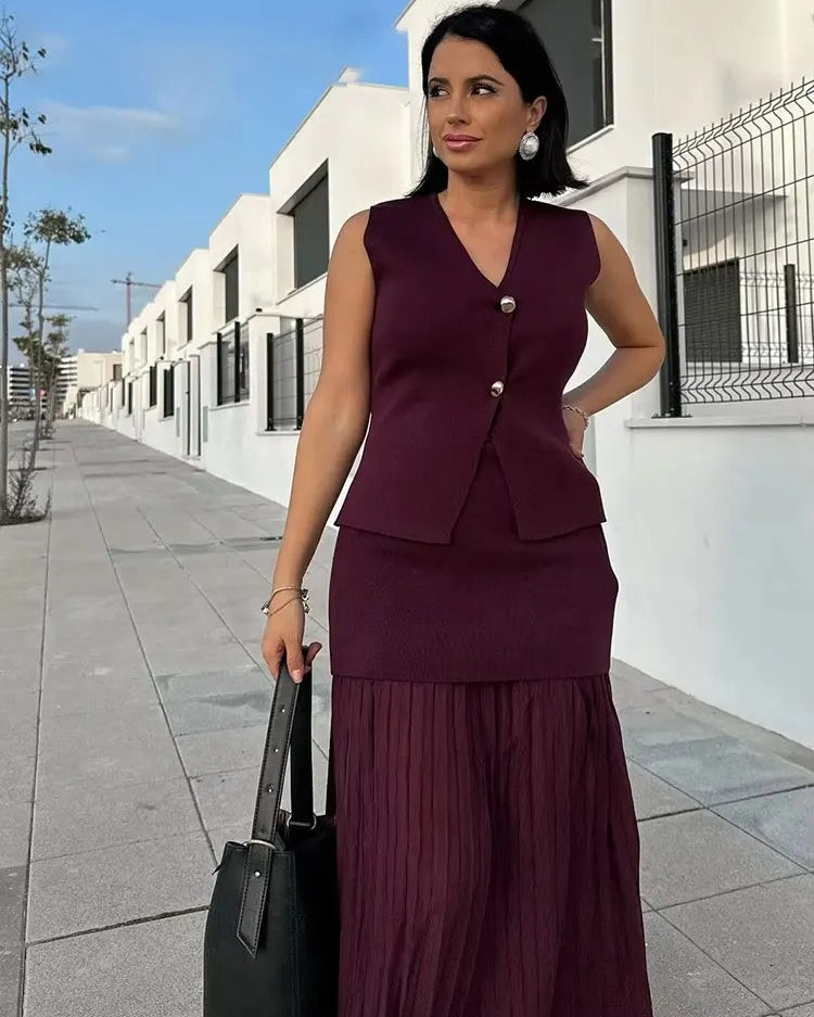 Trendy 2 Piece Skirt Set – Sleeveless Button Vest & Pleated Midi Skirt