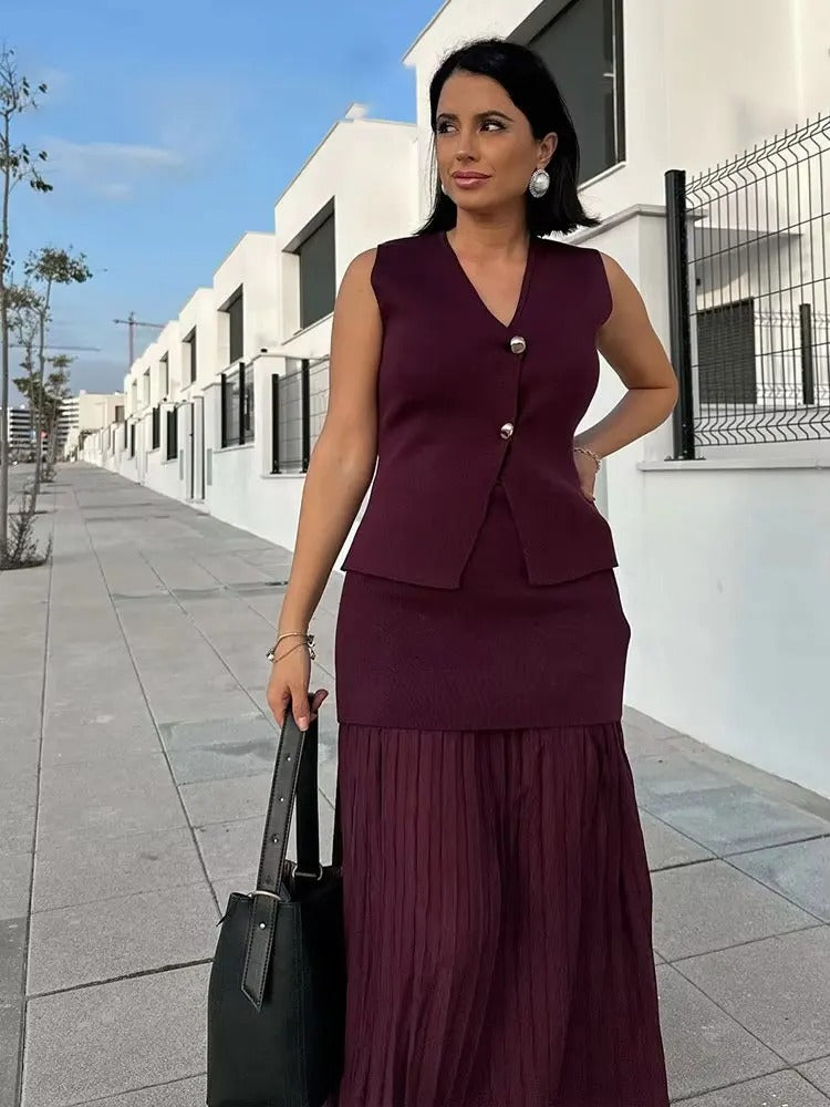 Trendy 2 Piece Skirt Set – Sleeveless Button Vest & Pleated Midi Skirt