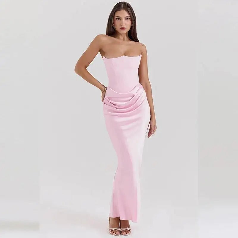 Satin Corset Strapless Maxi Dress – Elegant Off Shoulder Evening Gown