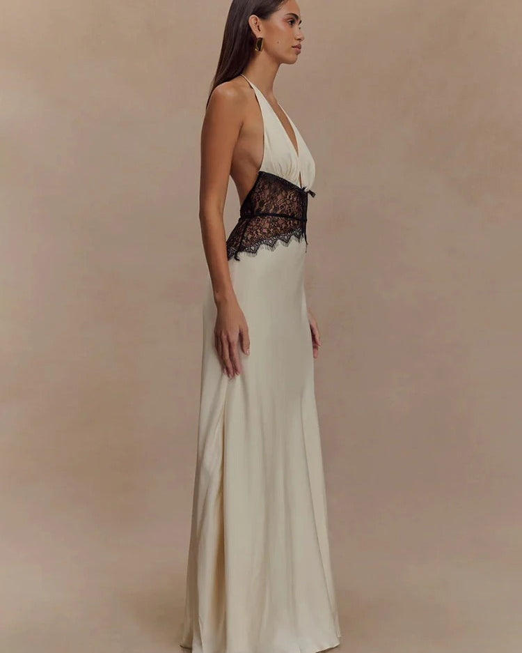Halter Maxi Dress – Deep V Neck Lace Waist Evening Gown