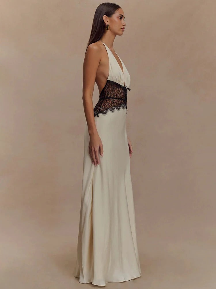 Halter Maxi Dress – Deep V Neck Lace Waist Evening Gown