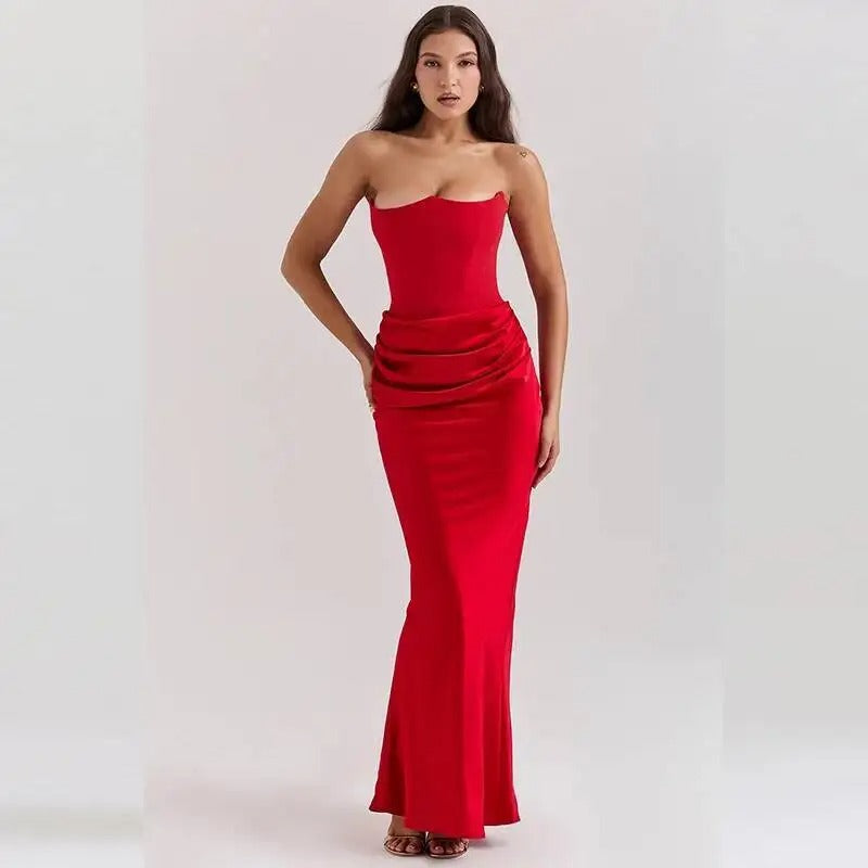 Satin Corset Strapless Maxi Dress – Elegant Off Shoulder Evening Gown