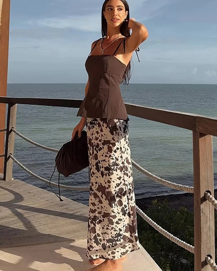 Cow Print Satin Set – Top & High Waist Skirt