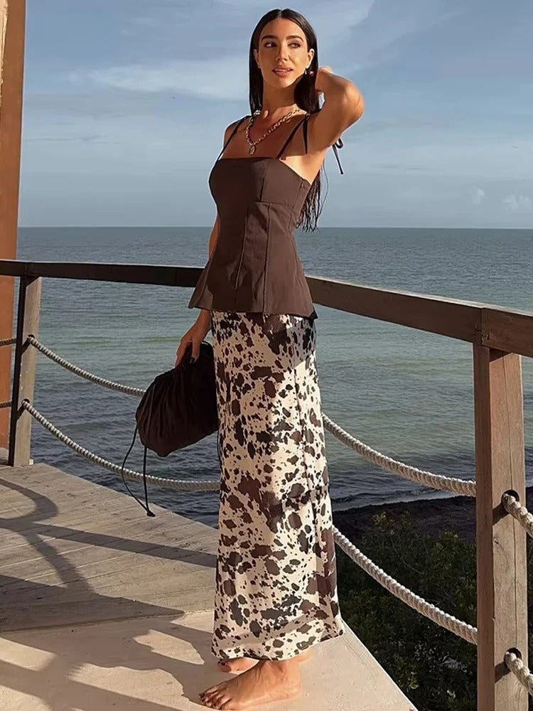 Cow Print Satin Set – Top & High Waist Skirt