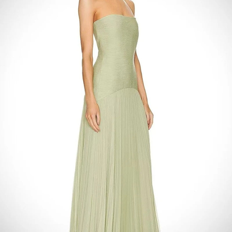 Strapless Pleated Maxi Dress – Elegant Off Shoulder Evening Gown