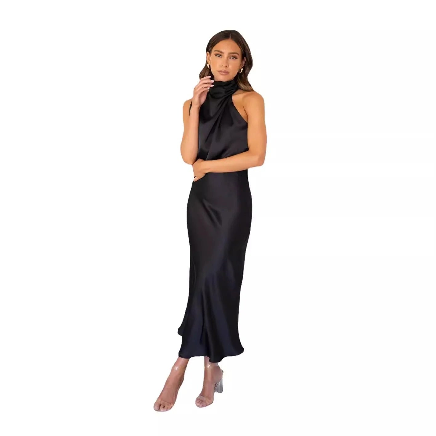 Satin Midi Dress – Elegant High Neck Sleeveless Evening Gown