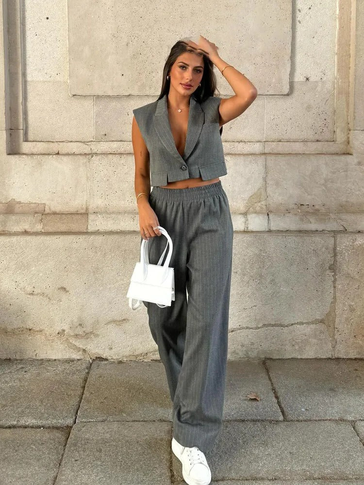 Piece Vest and Pants Set – Sleeveless Crop Blazer Top & High Waist Wide Leg Pants