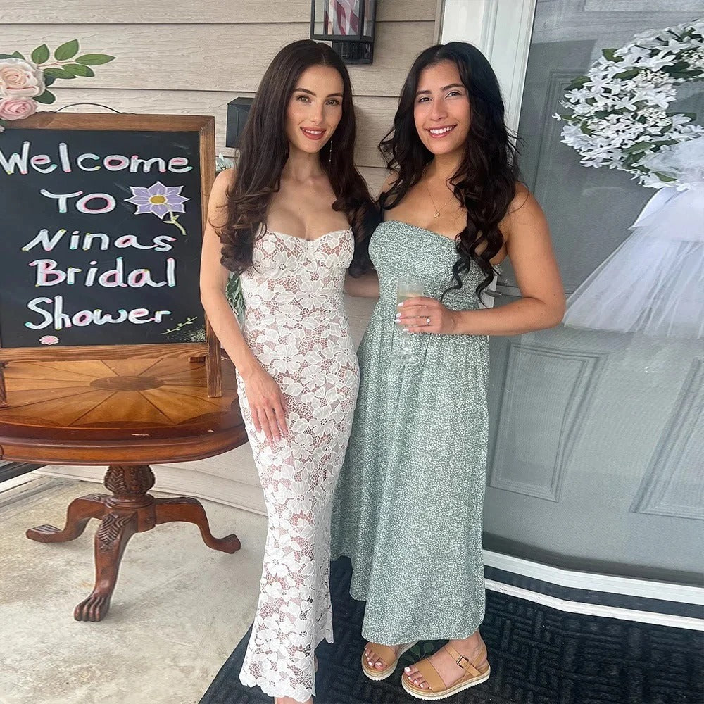 White Lace Bodycon Maxi Dress – Elegant Spaghetti Strap Evening Gown