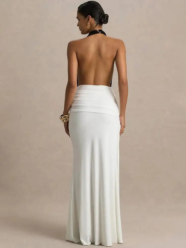 Elegant Halter Neck Maxi Dress – Backless High Split Evening Gown