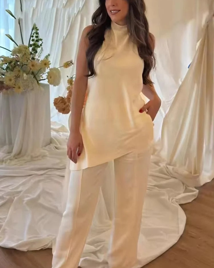 Elegant Satin Two Piece Pants Set – Sleeveless Top & Wide Leg Trousers