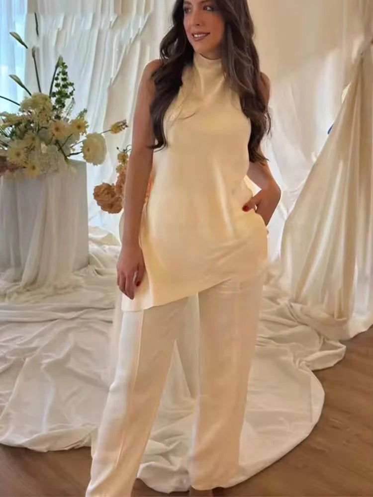 Elegant Satin Two Piece Pants Set – Sleeveless Top & Wide Leg Trousers