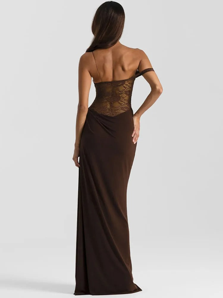Lace See Through Maxi Dress – Off Shoulder Sleeveless Evening Gown