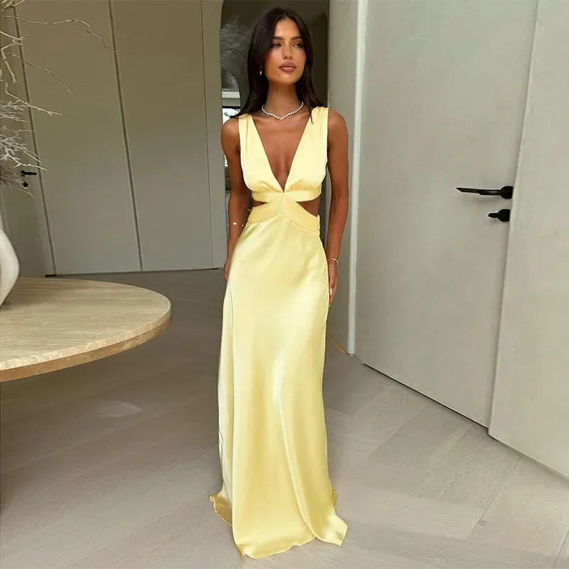Satin Maxi Dress – Deep V Neck Cut Out Evening Gown