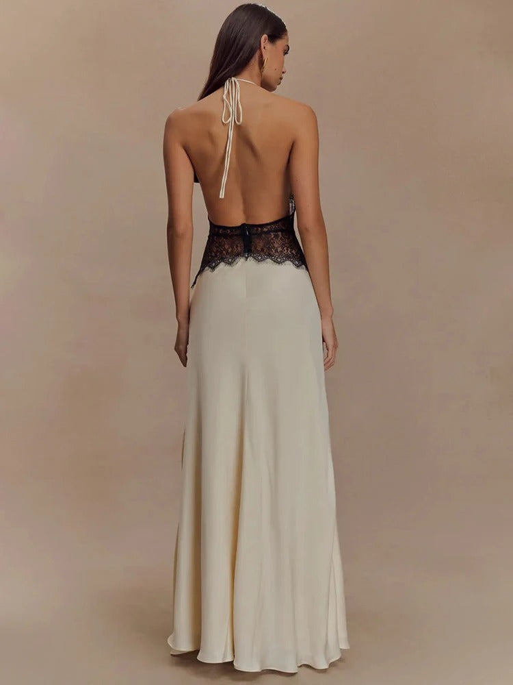 Halter Maxi Dress – Deep V Neck Lace Waist Evening Gown