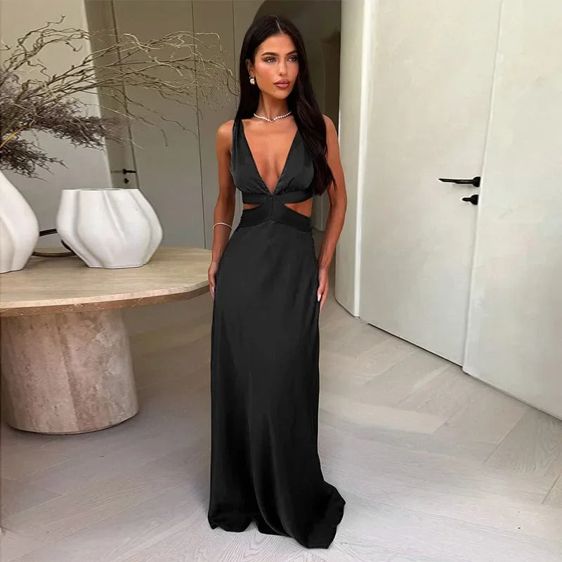 Satin Maxi Dress – Deep V Neck Cut Out Evening Gown