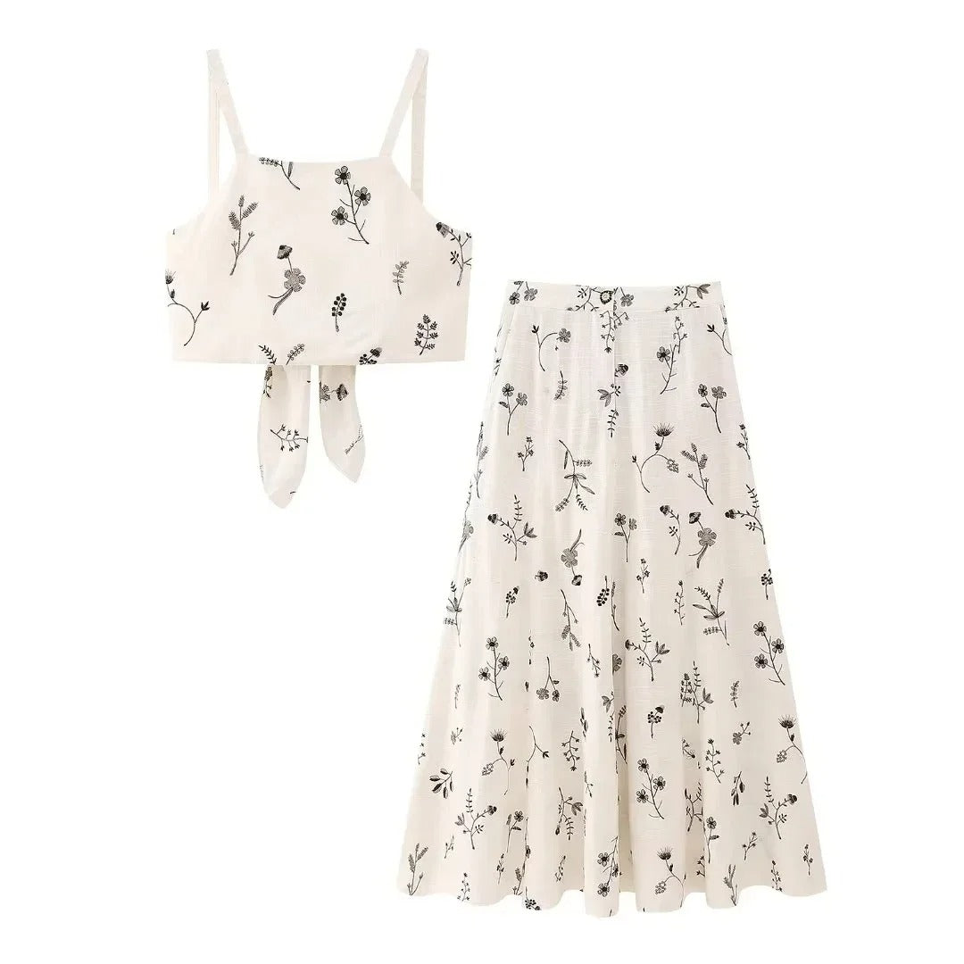 White Floral Two Piece Set – Embroidered Crop Top and Long Skirt