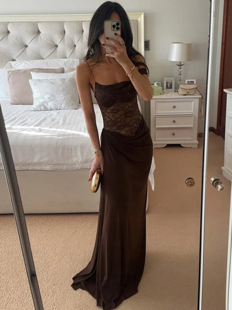 Lace See Through Maxi Dress – Off Shoulder Sleeveless Evening Gown