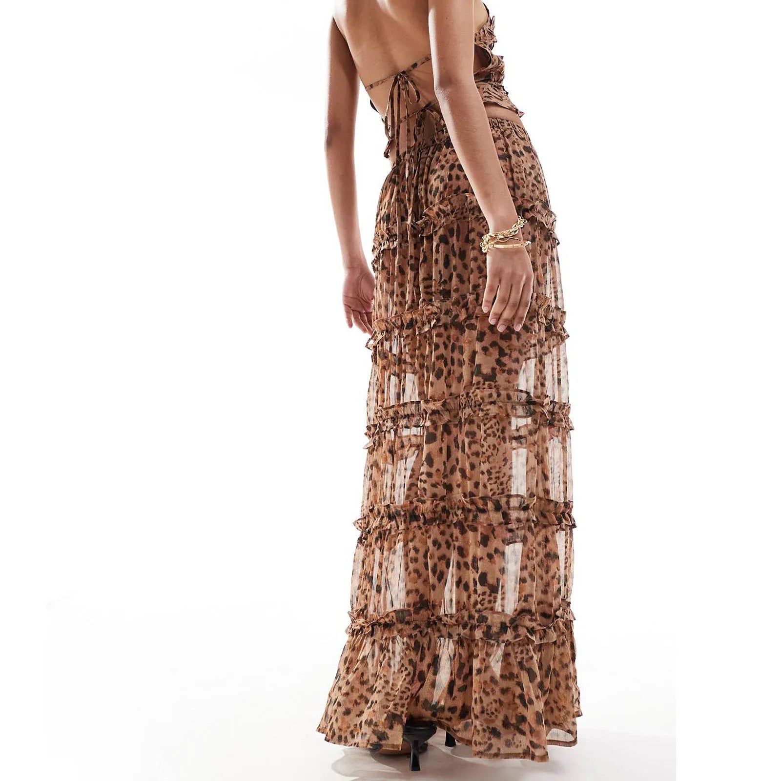 Leopard Print Two Piece Set – Halter Crop Top and Maxi Skirt Outfit