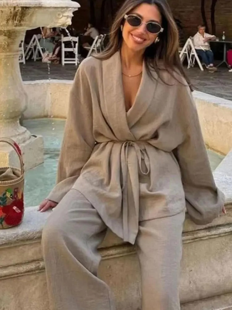 Khaki Two Piece Set – Loose Belted Blazer and Wide Leg Trousers