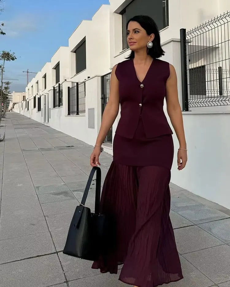 Trendy 2 Piece Skirt Set – Sleeveless Button Vest & Pleated Midi Skirt