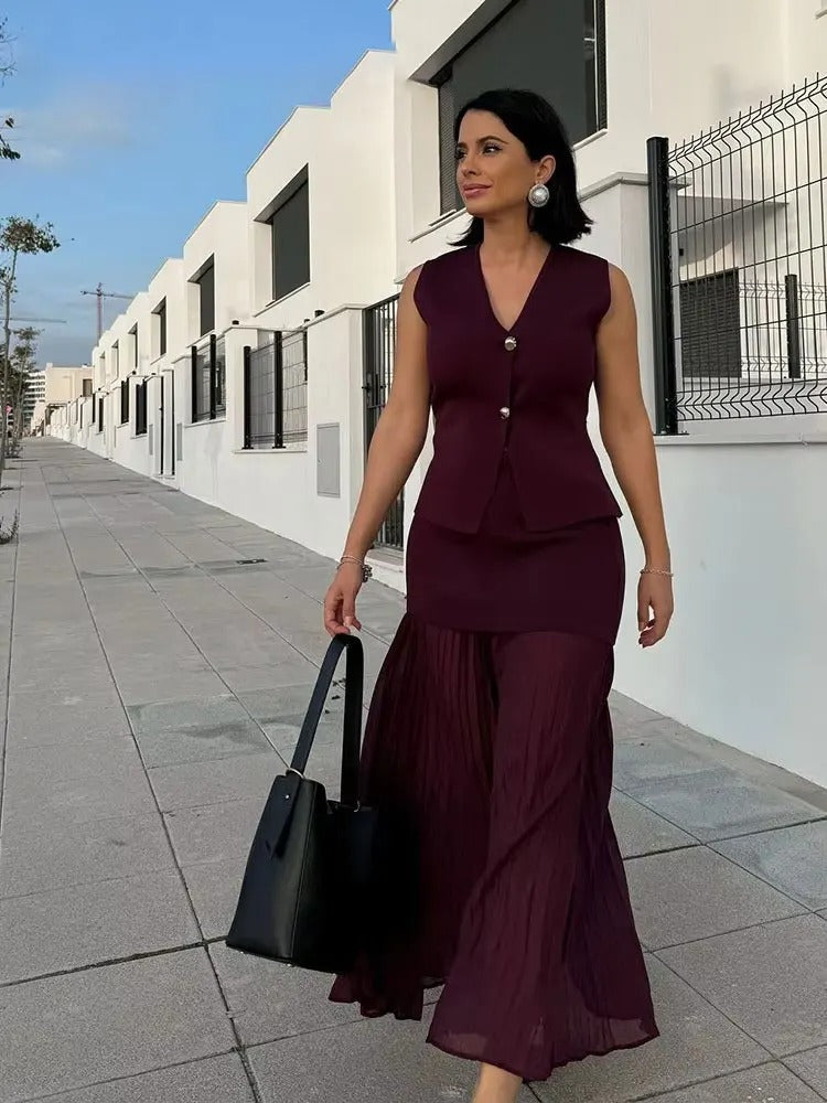 Trendy 2 Piece Skirt Set – Sleeveless Button Vest & Pleated Midi Skirt