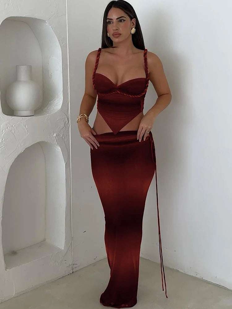 Gradient Two Piece Set – Braided Strap Crop Top & Maxi Skirt