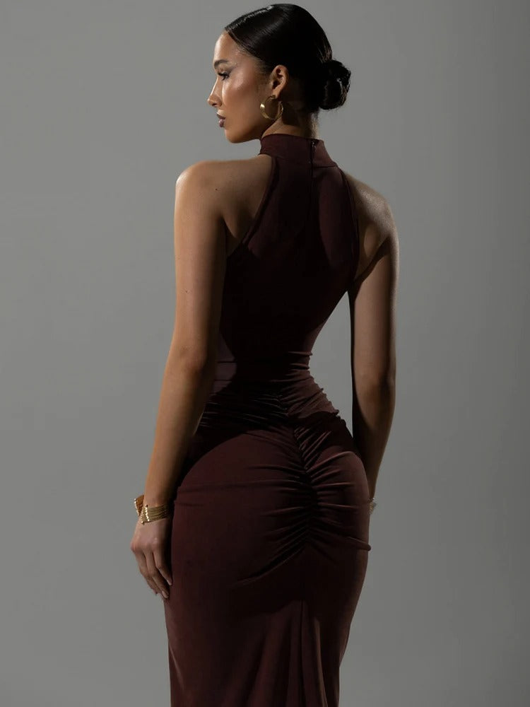 Halter Neck Evening Gown – Sleeveless Ruched Maxi Dress with High Slit