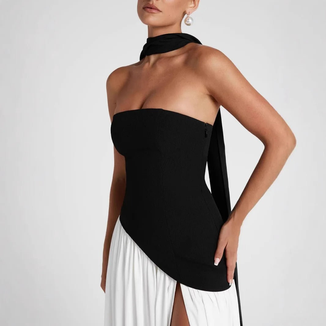 Strapless Maxi Dress – Elegant High Slit Chiffon Evening Gown