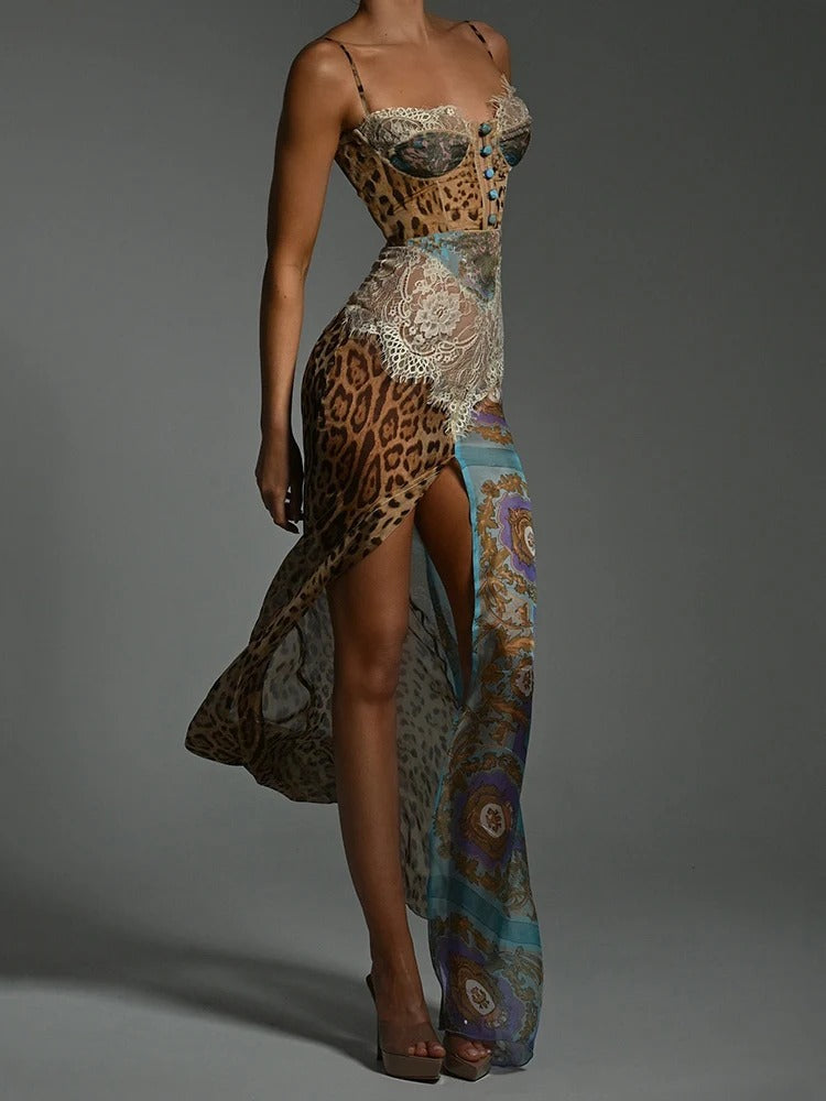 Leopard Print Lace Maxi Dress – Sleeveless Chiffon Evening Gown