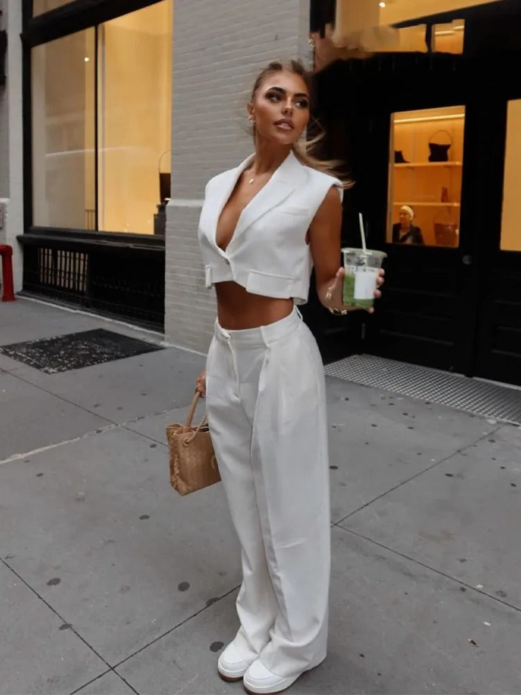 2 Piece Vest and Pants Set – Sleeveless Crop Blazer Top & High Waist Wide Leg Pants