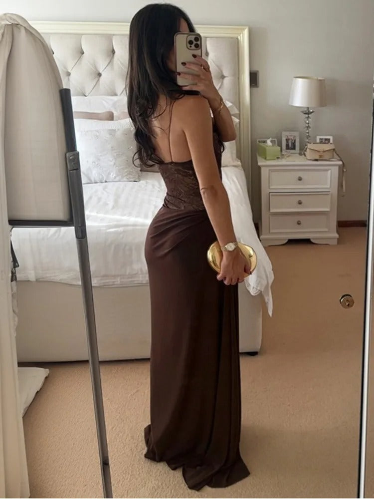 Lace See Through Maxi Dress – Off Shoulder Sleeveless Evening Gown